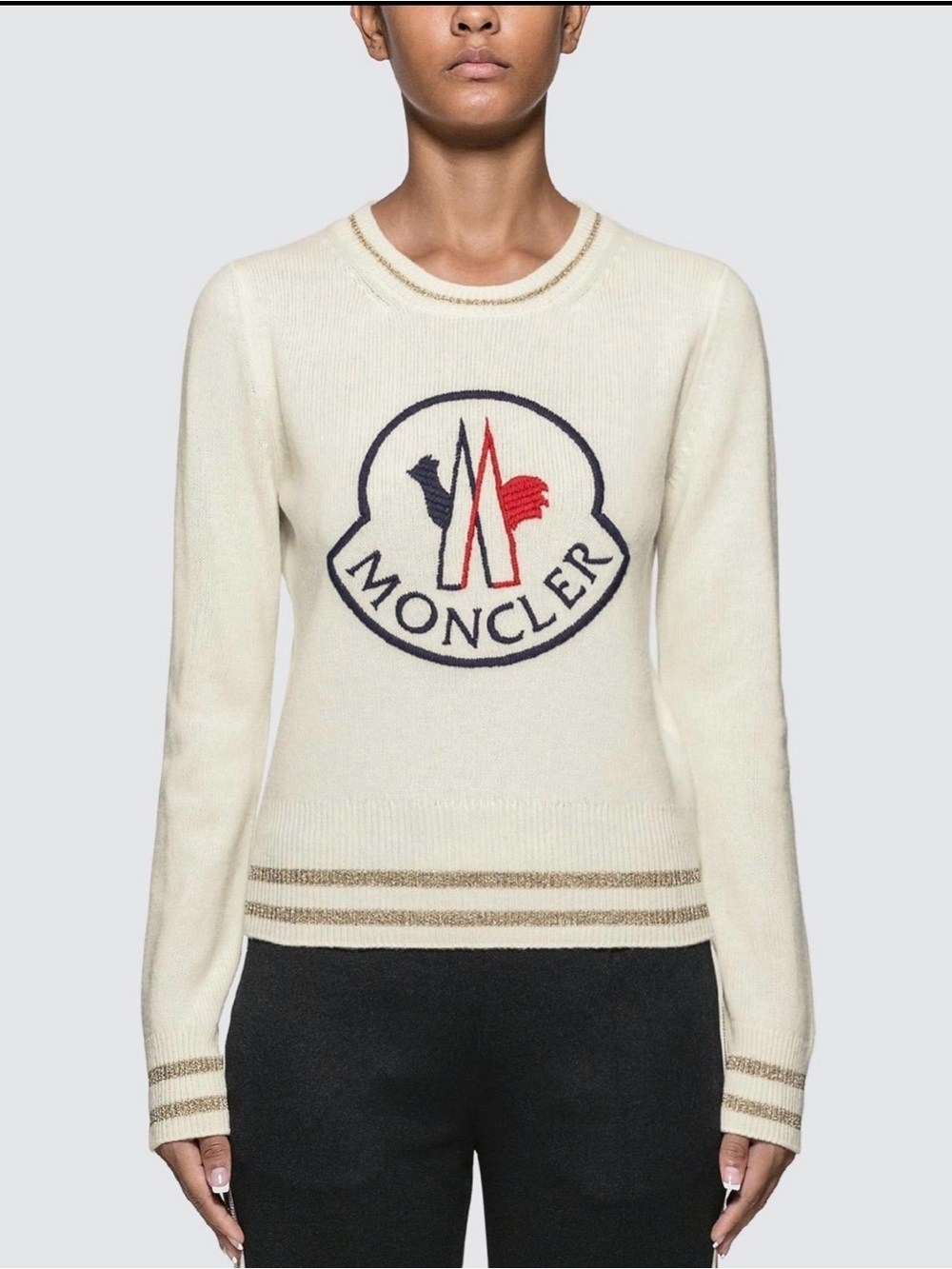 Moncler Cream Sweater with Navy & Red Logo and Gold Stripes